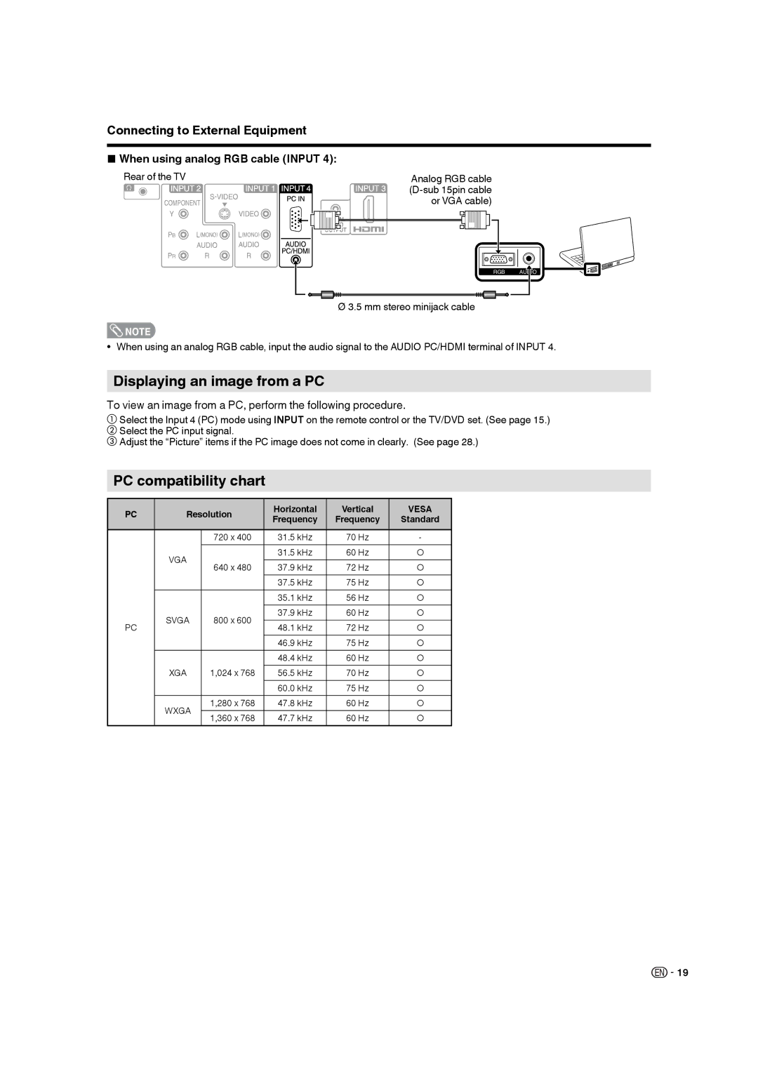 Sharp LC-19DV28UT operation manual Displaying an image from a PC, PC compatibility chart, When using analog RGB cable Input 