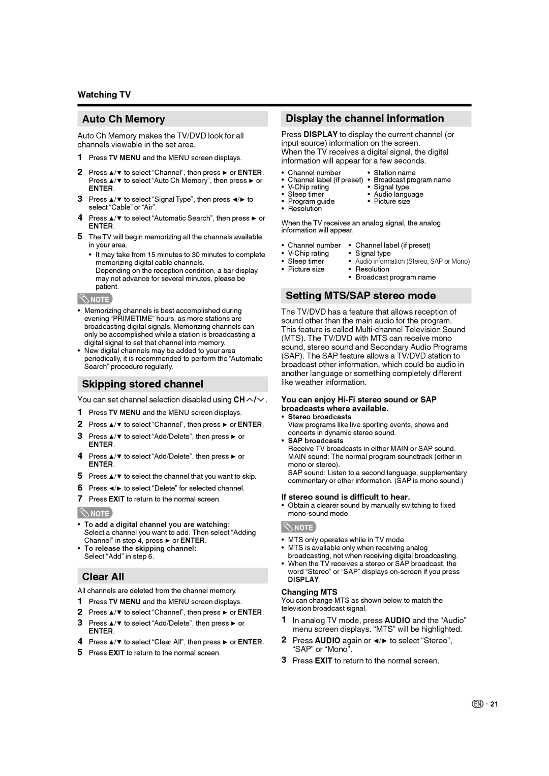 Sharp LC-19DV28UT operation manual Auto Ch Memory, Skipping stored channel, Clear All, Display the channel information 