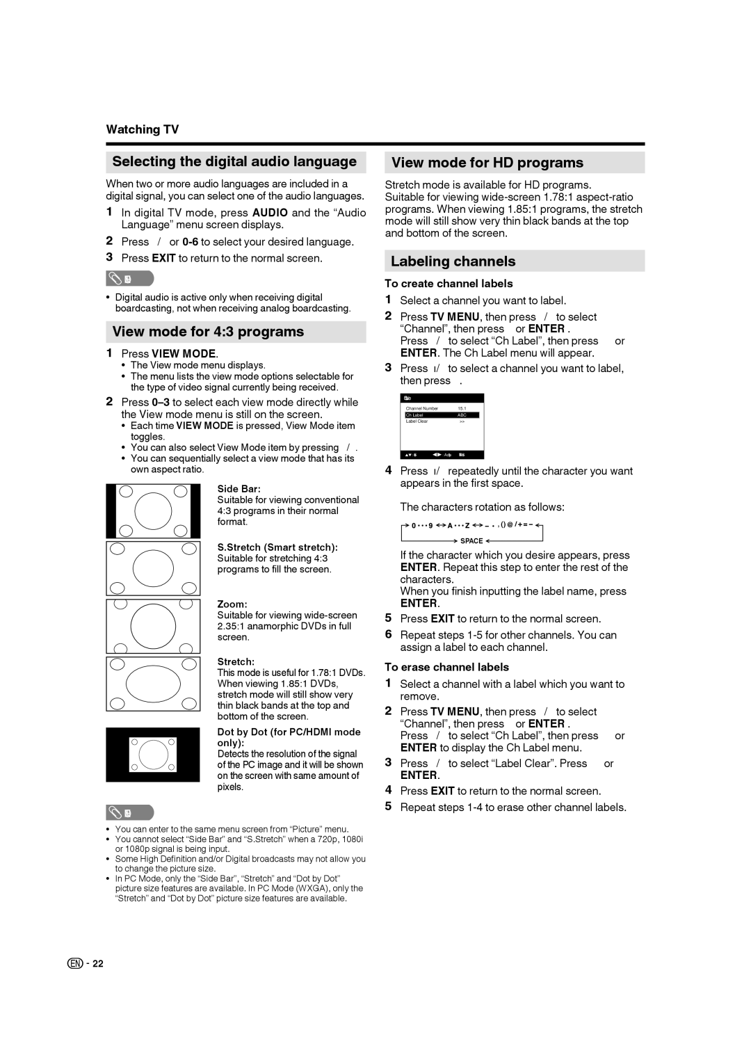 Sharp LC-19DV28UT Selecting the digital audio language, View mode for 43 programs, View mode for HD programs 