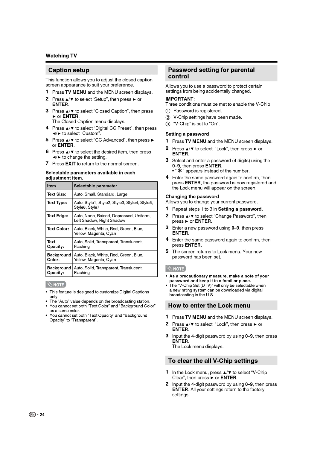 Sharp LC-19DV28UT operation manual Caption setup, Password setting for parental control, How to enter the Lock menu 