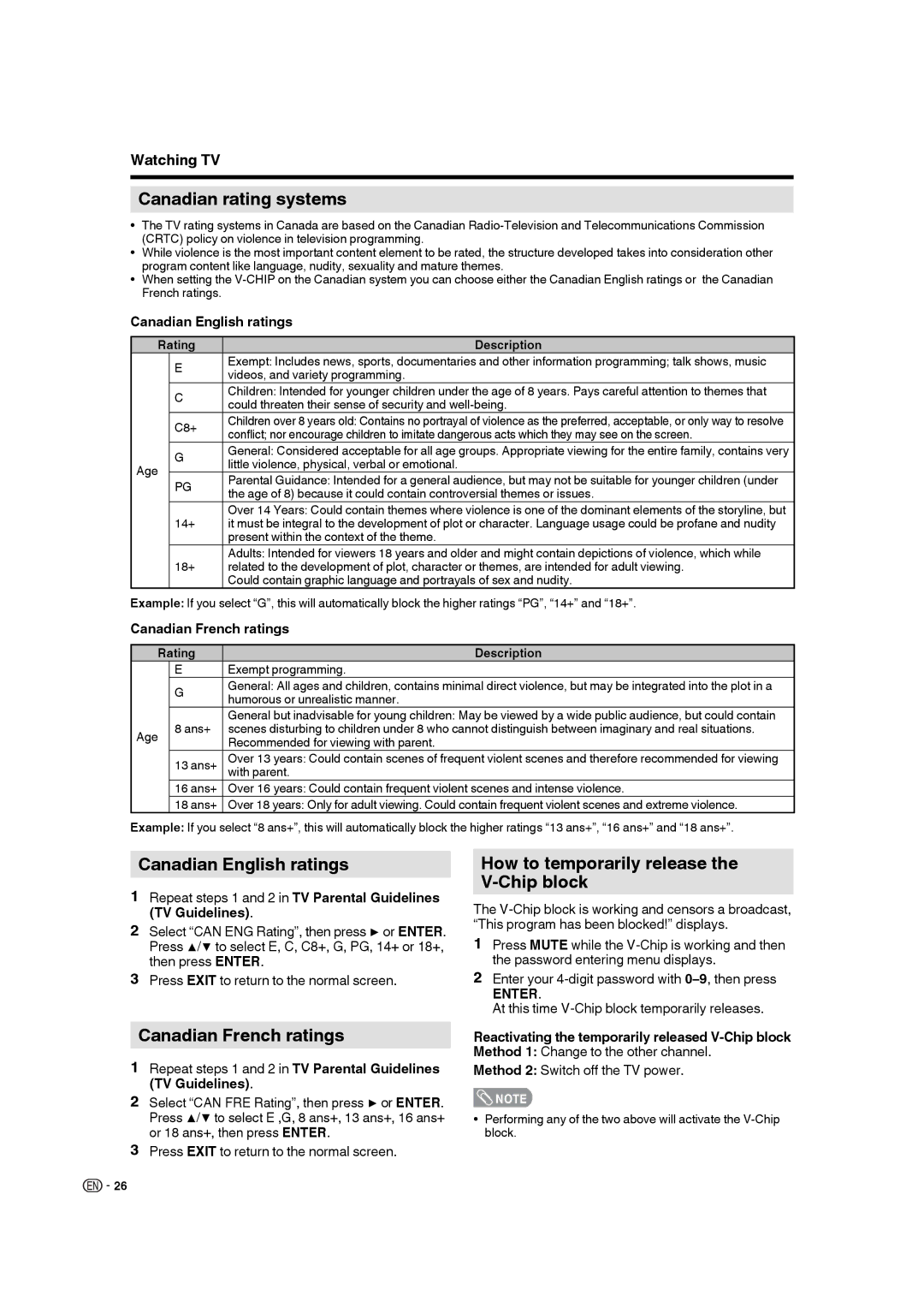 Sharp LC-19DV28UT operation manual Canadian rating systems, Canadian English ratings, Canadian French ratings 