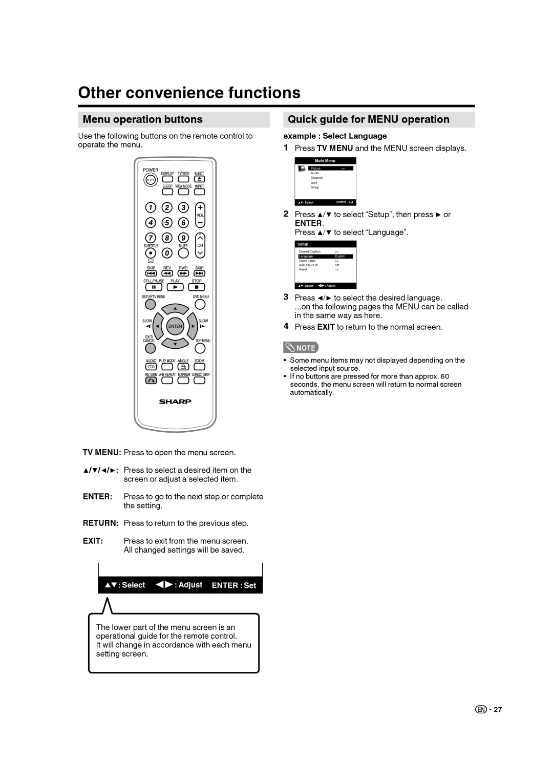 Sharp LC-19DV28UT operation manual Other convenience functions, Menu operation buttons, Quick guide for Menu operation 