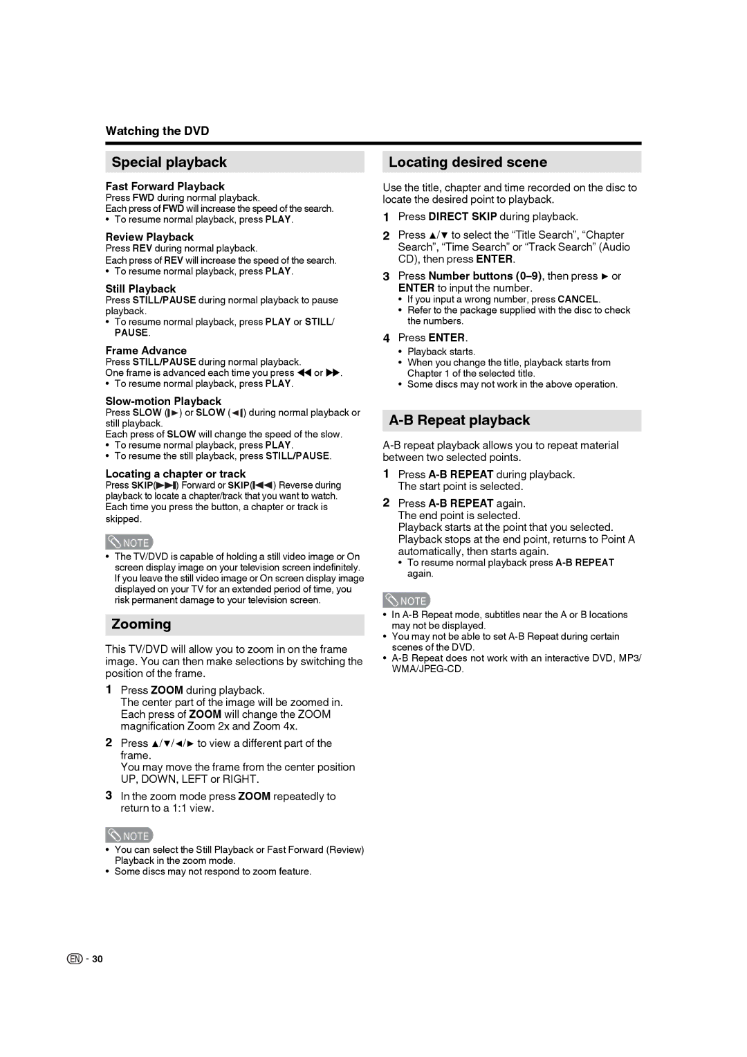 Sharp LC-19DV28UT operation manual Special playback, Zooming, Locating desired scene, Repeat playback 