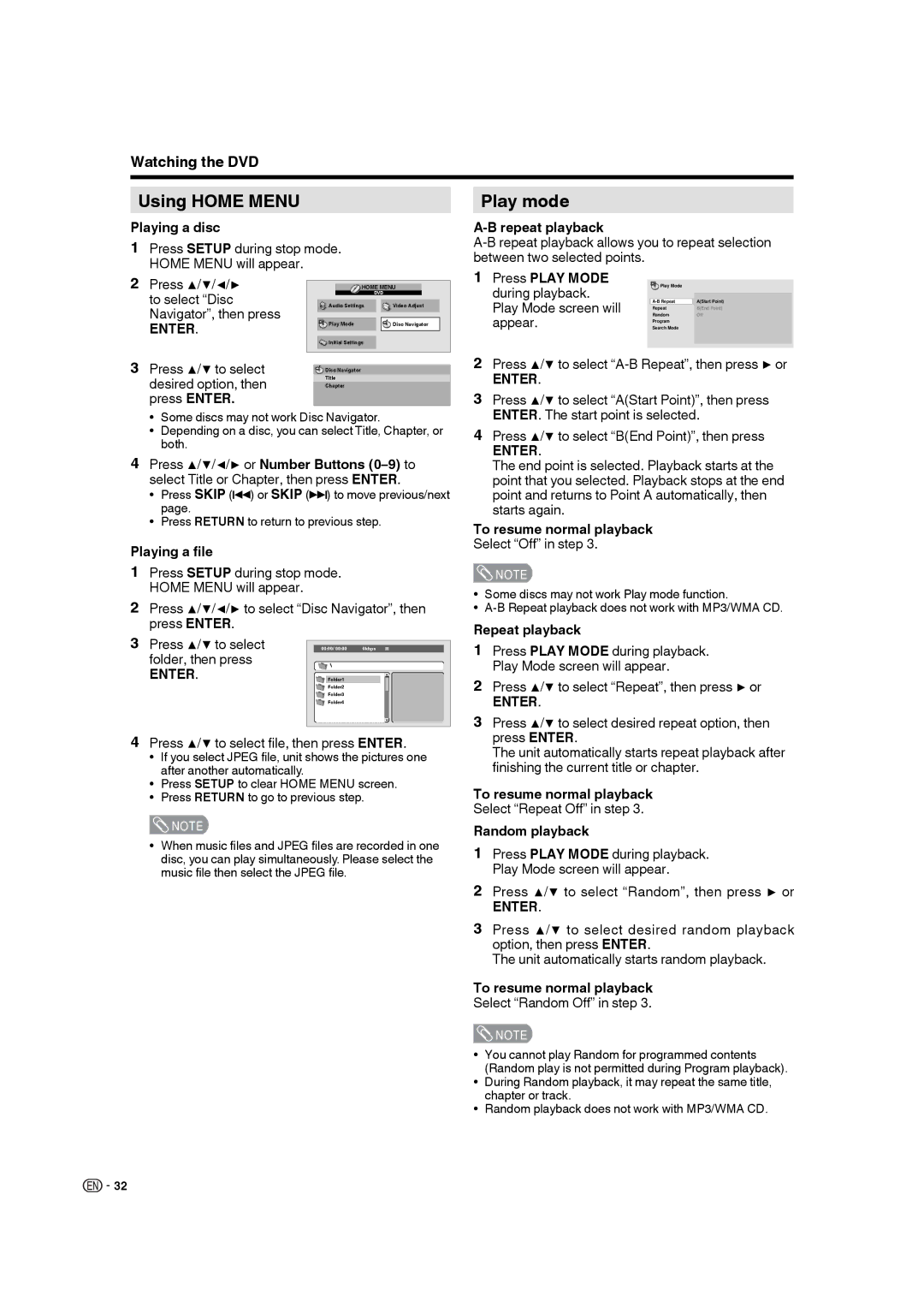 Sharp LC-19DV28UT operation manual Using Home Menu, Play mode 