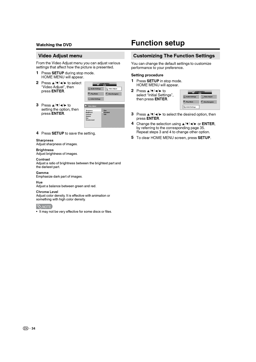 Sharp LC-19DV28UT operation manual Function setup, Video Adjust menu, Customizing The Function Settings 