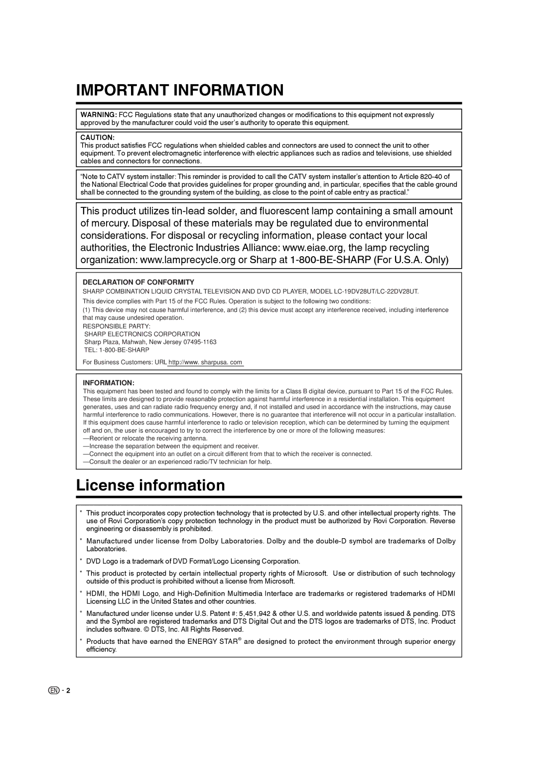 Sharp LC-19DV28UT operation manual License information, Declaration of Conformity, Information 