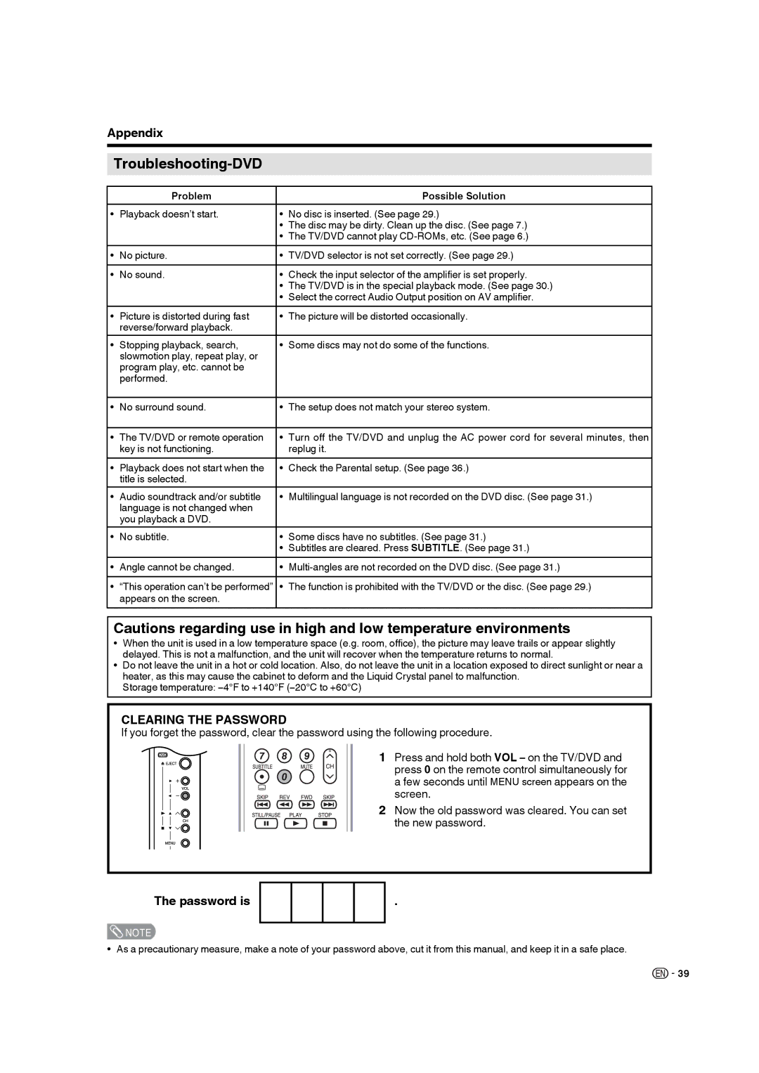 Sharp LC-19DV28UT operation manual Troubleshooting-DVD, Clearing the Password 