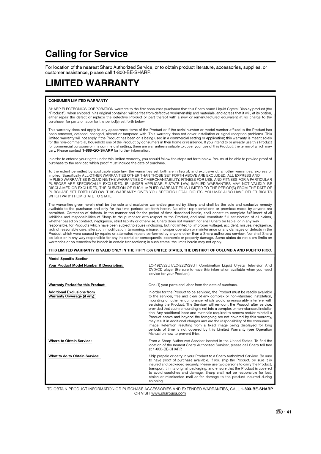 Sharp LC-19DV28UT operation manual Calling for Service, Limited Warranty 