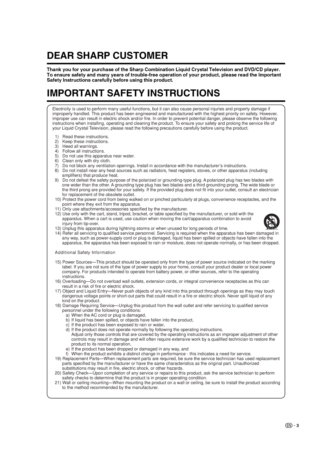 Sharp LC-19DV28UT operation manual Dear Sharp Customer, Additional Safety Information 