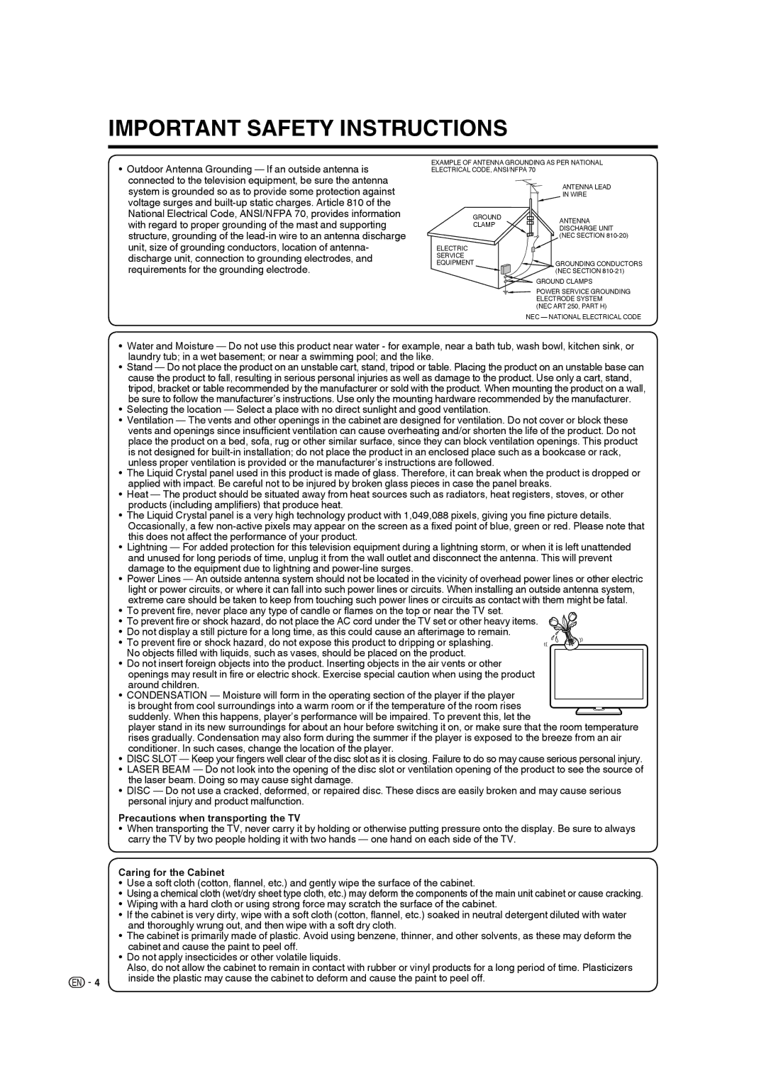 Sharp LC-19DV28UT Precautions when transporting the TV, Caring for the Cabinet, Cabinet and cause the paint to peel off 