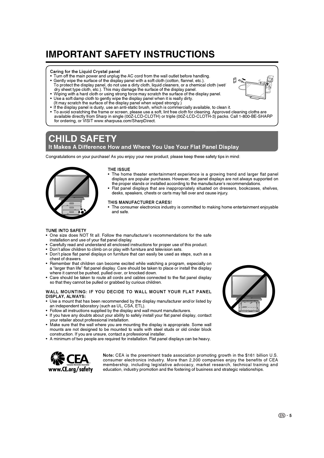 Sharp LC-19DV28UT operation manual Caring for the Liquid Crystal panel, Issue, This Manufacturer Cares, Tune Into Safety 