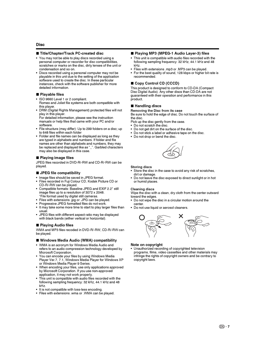 Sharp LC-19DV28UT Title/Chapter/Track PC-created disc, Playable files, Playing image files, Jpeg file compatibility 