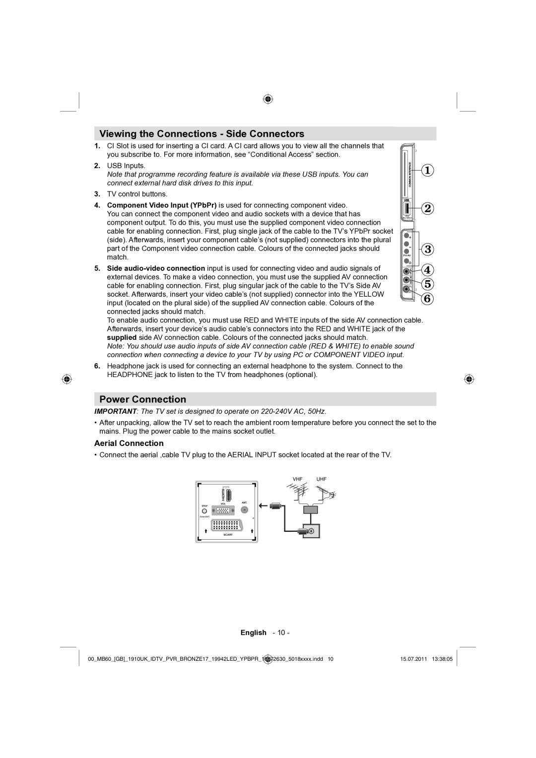 Sharp LC-19LE510K operation manual Viewing the Connections Side Connectors, Power Connection, Aerial Connection 