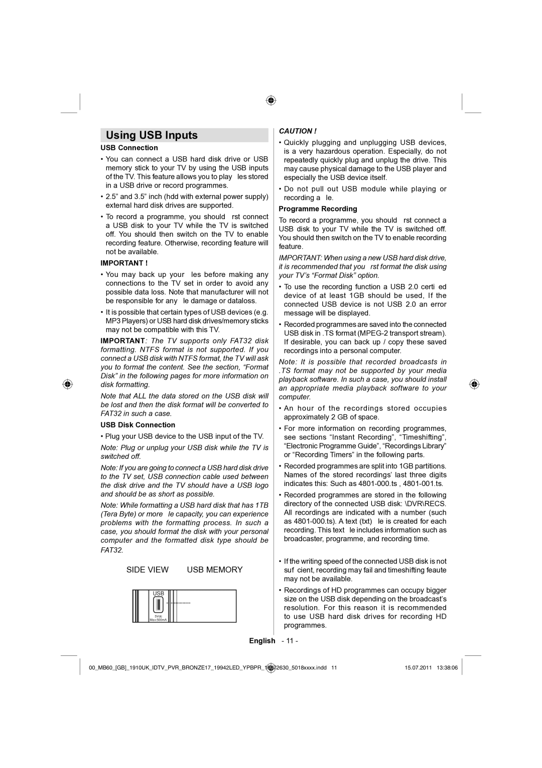 Sharp LC-19LE510K operation manual Using USB Inputs, USB Connection, USB Disk Connection, Programme Recording 