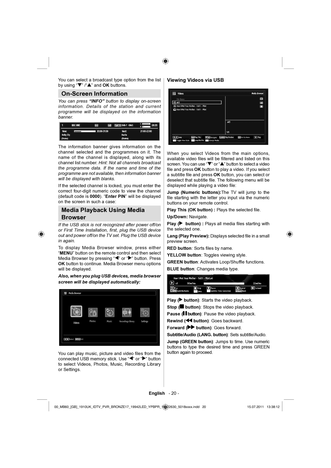 Sharp LC-19LE510K operation manual On-Screen Information, Media Playback Using Media Browser, Viewing Videos via USB 