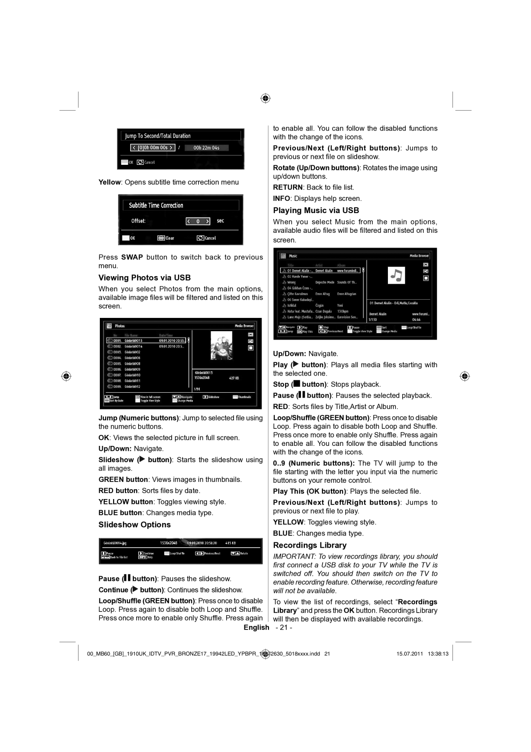 Sharp LC-19LE510K operation manual Viewing Photos via USB, Slideshow Options, Playing Music via USB, Recordings Library 