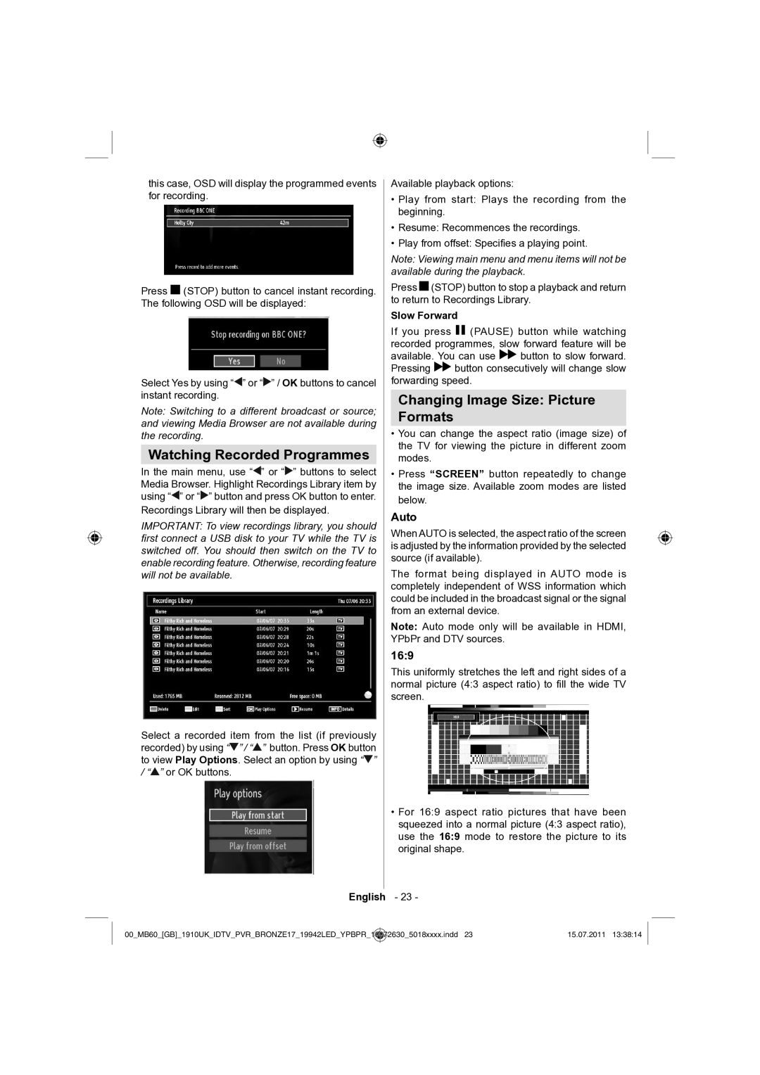 Sharp LC-19LE510K Watching Recorded Programmes, Changing Image Size Picture Formats, Auto, 169, Slow Forward 