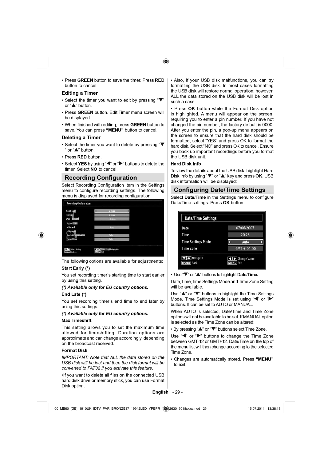 Sharp LC-19LE510K operation manual Recording Conﬁguration, Conﬁguring Date/Time Settings, Editing a Timer, Deleting a Timer 