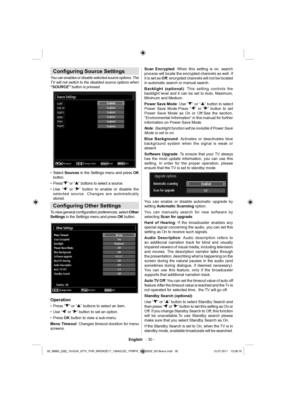 Sharp LC-19LE510K Conﬁguring Source Settings, Conﬁguring Other Settings, Operation, Standby Search optional 