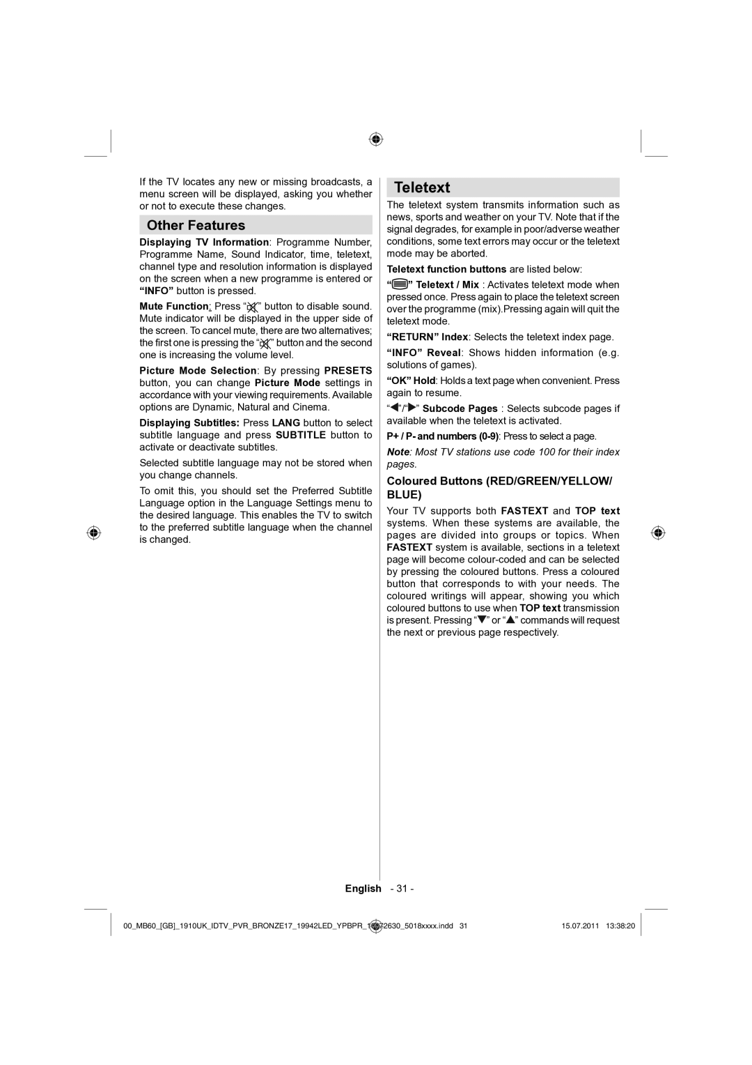 Sharp LC-19LE510K operation manual Teletext, Other Features, Coloured Buttons RED/GREEN/YELLOW/ Blue 