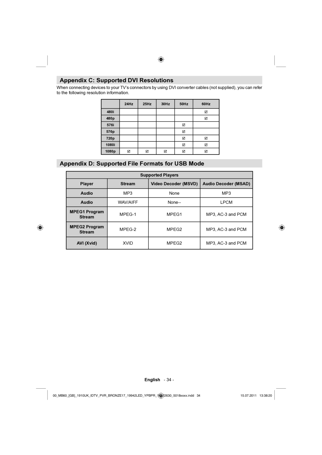 Sharp LC-19LE510K Appendix C Supported DVI Resolutions, Appendix D Supported File Formats for USB Mode, Audio Decoder Msad 