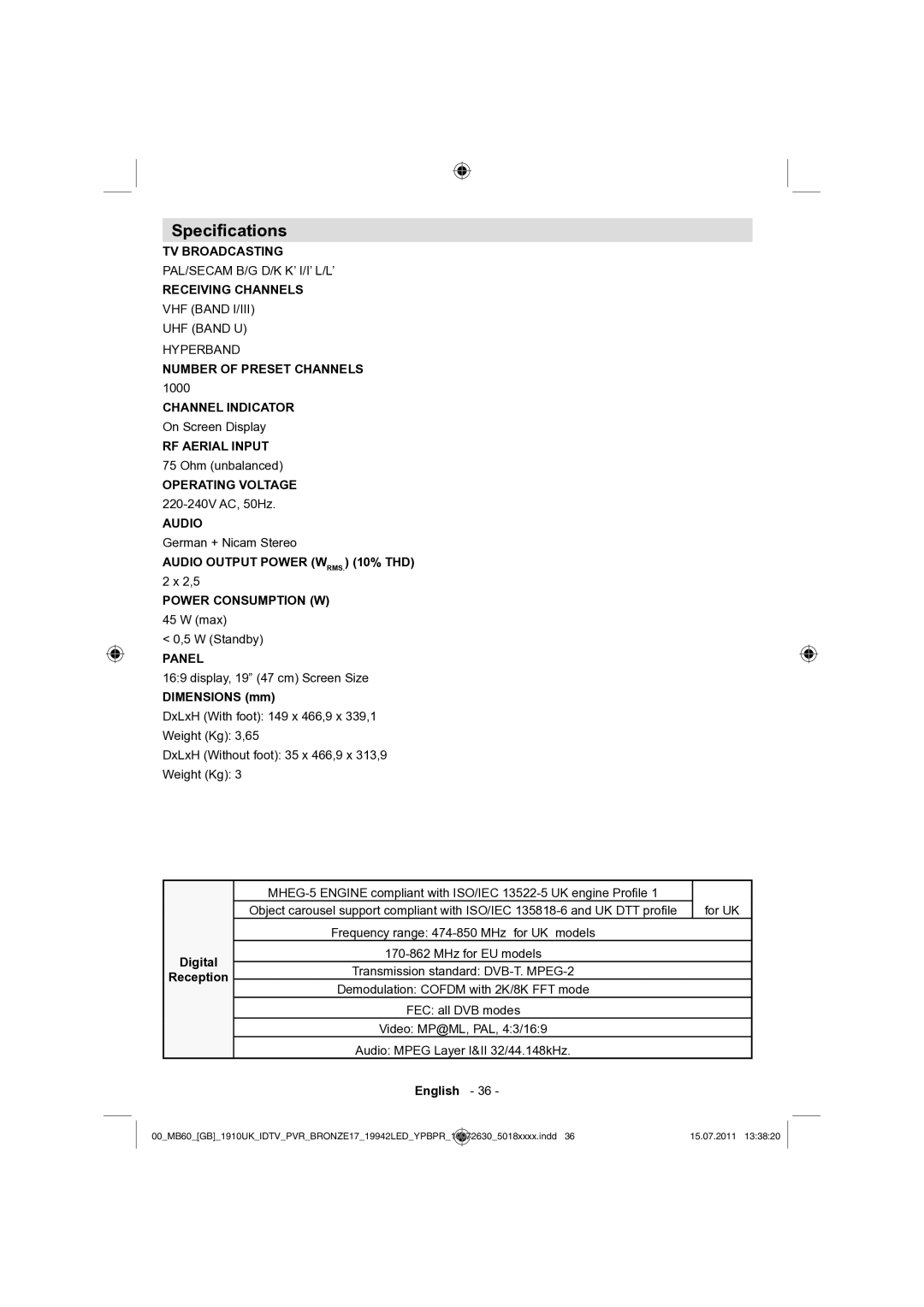 Sharp LC-19LE510K operation manual Speciﬁcations, Dimensions mm, Digital Reception 