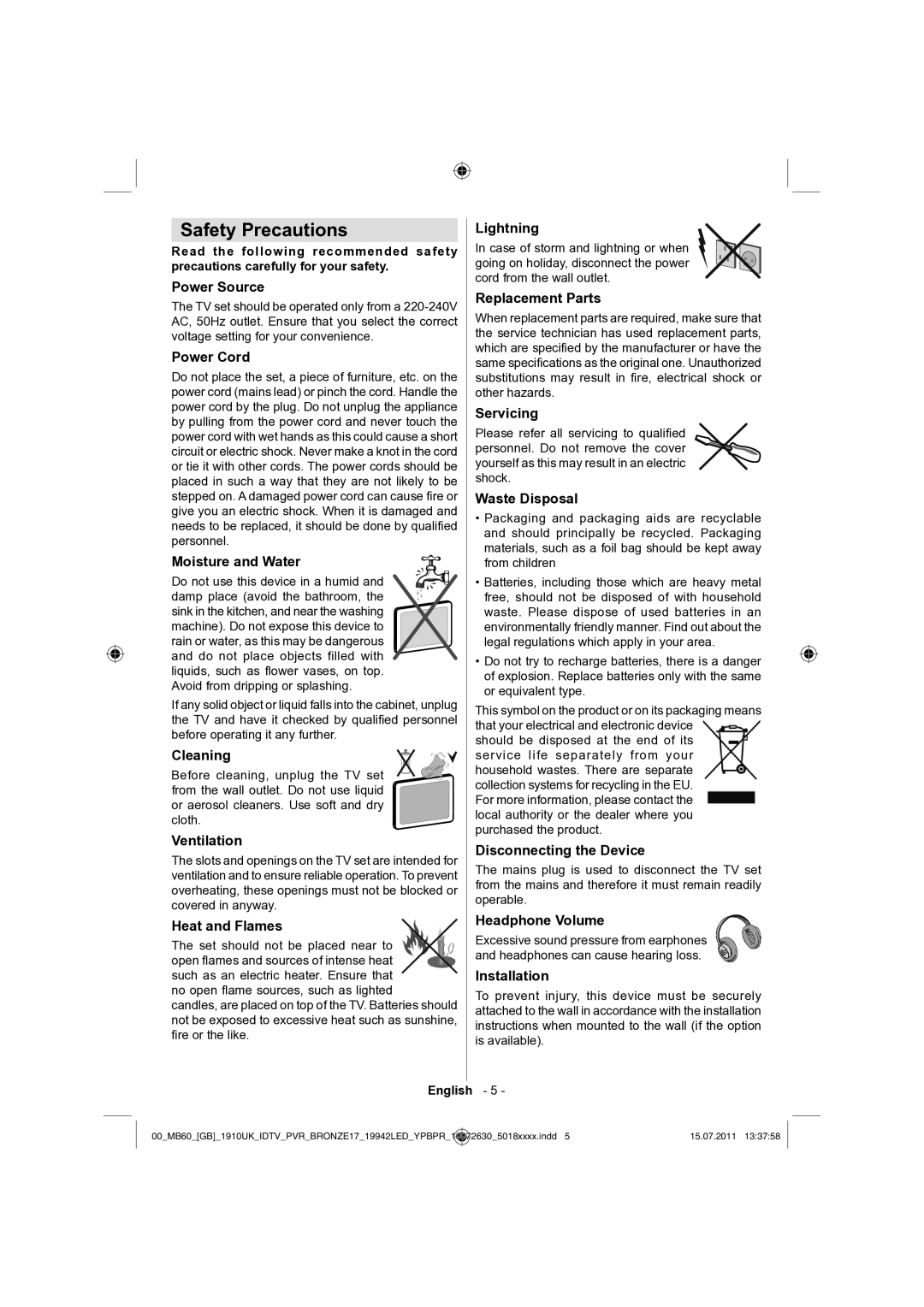 Sharp LC-19LE510K operation manual Safety Precautions 