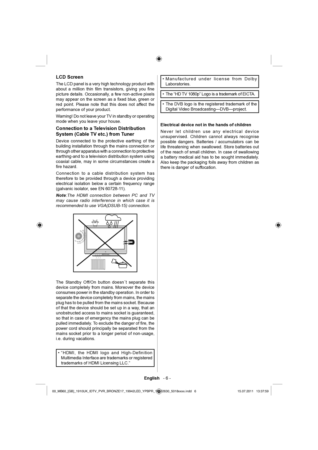 Sharp LC-19LE510K operation manual LCD Screen, Electrical device not in the hands of children 