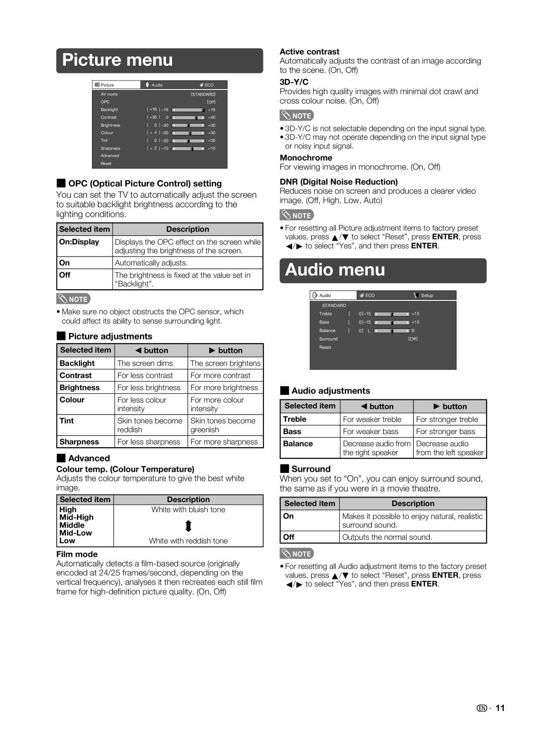 Sharp LC-19LE520X operation manual Picture menu, Audio menu 