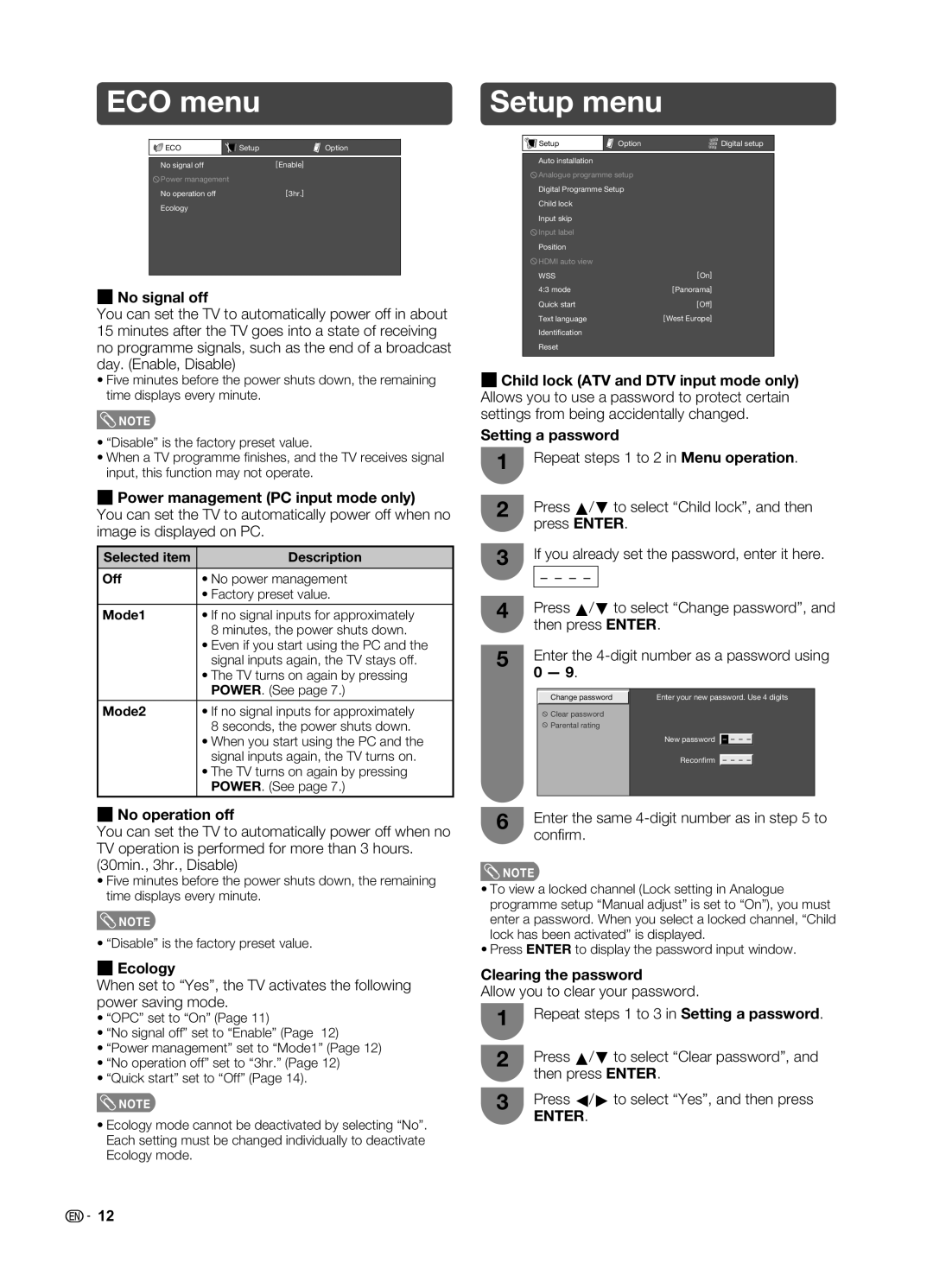 Sharp LC-19LE520X operation manual ECO menu, Setup menu 