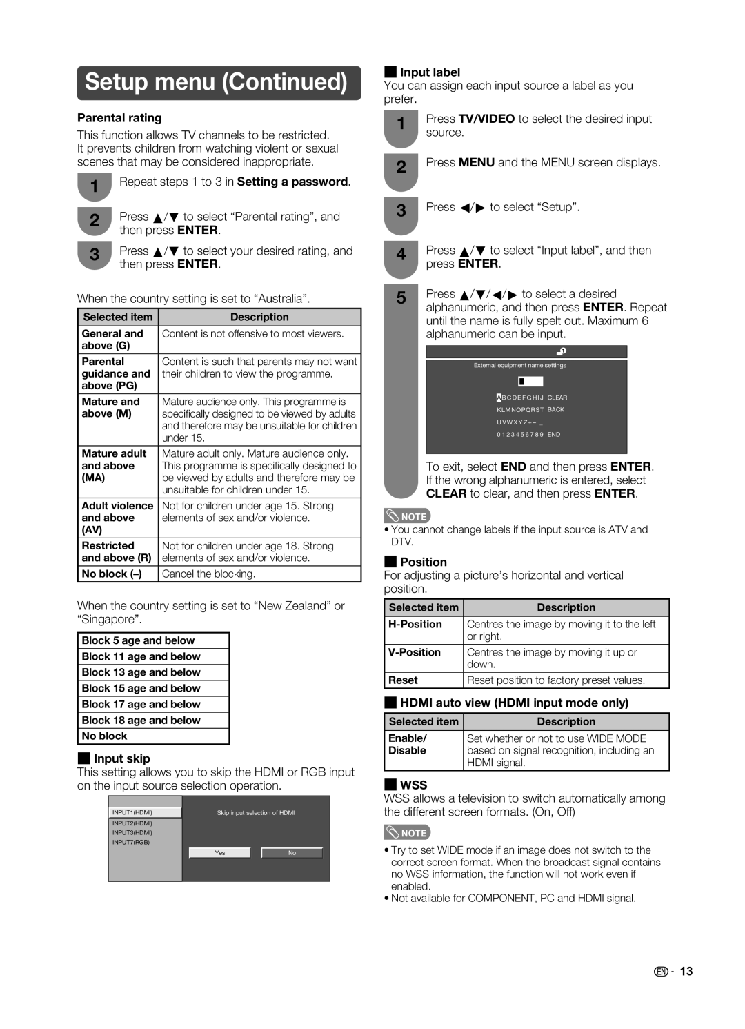 Sharp LC-19LE520X operation manual Parental rating, Input skip, Input label, Position, Hdmi auto view Hdmi input mode only 