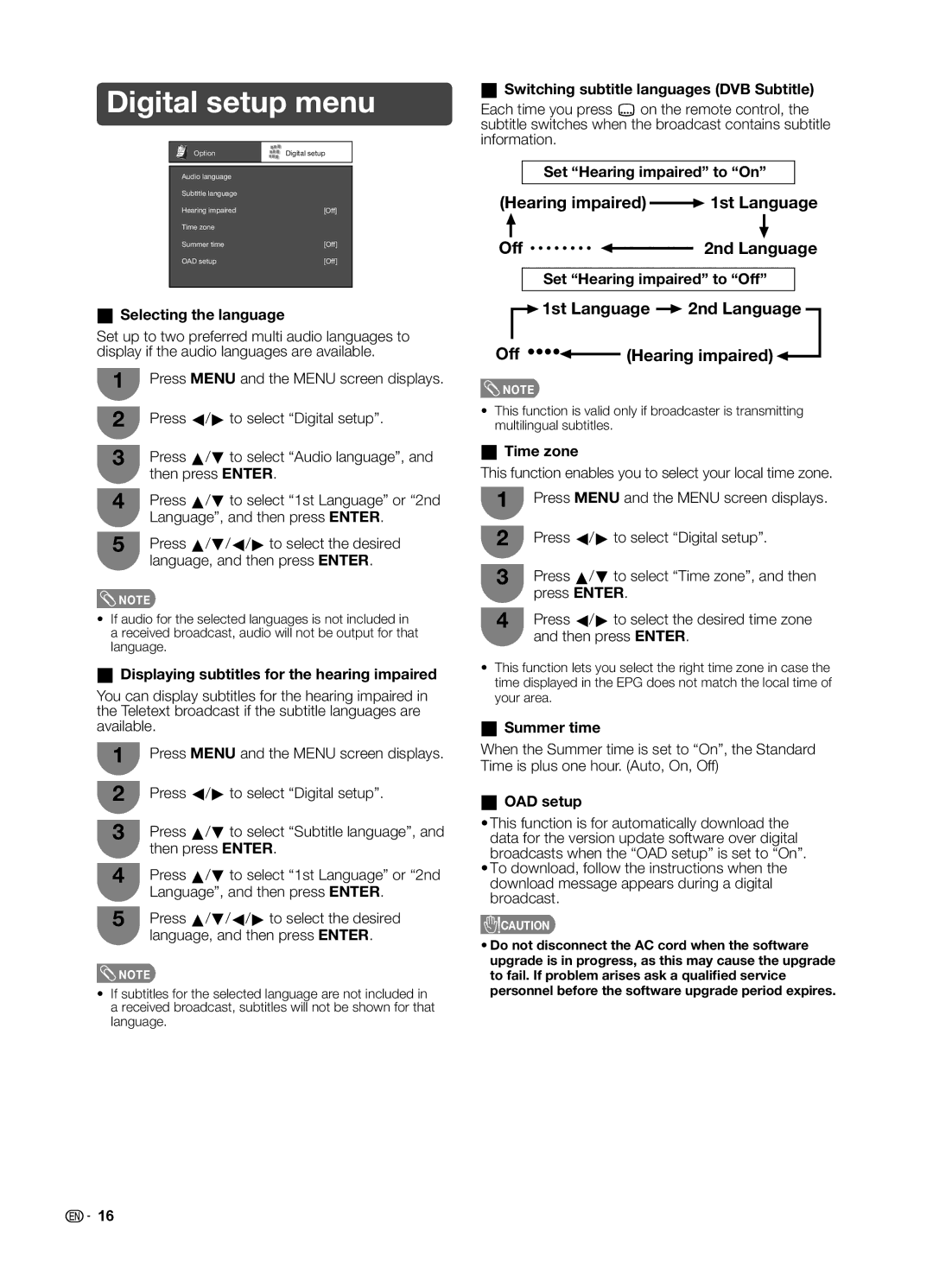 Sharp LC-19LE520X Digital setup menu, Hearing impaired 1st Language Off 2nd Language, 1st Language 2nd Language Off 