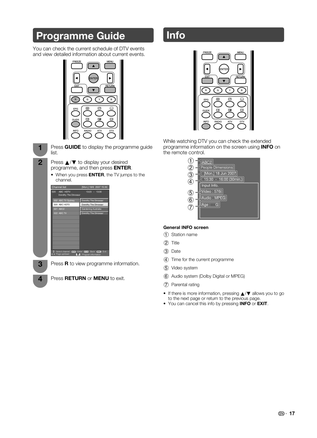 Sharp LC-19LE520X operation manual Programme Guide, Press Guide to display the programme guide list, General Info screen 