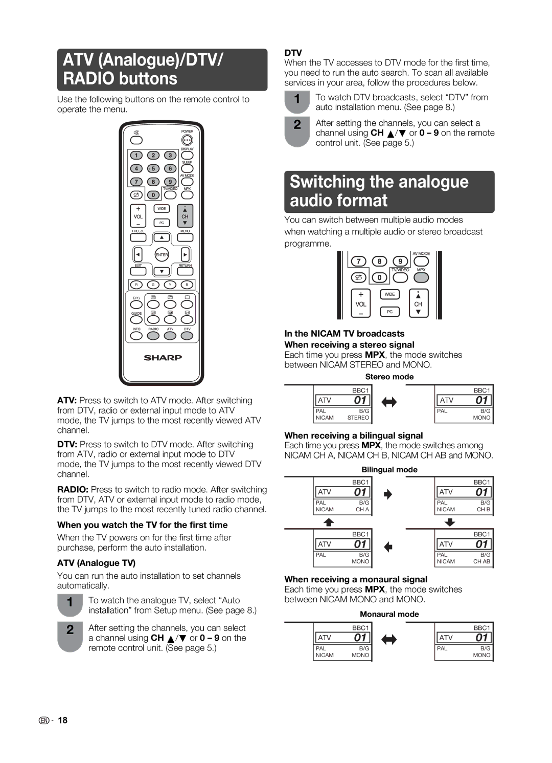 Sharp LC-19LE520X Nicam TV broadcasts When receiving a stereo signal, When receiving a bilingual signal, ATV Analogue TV 