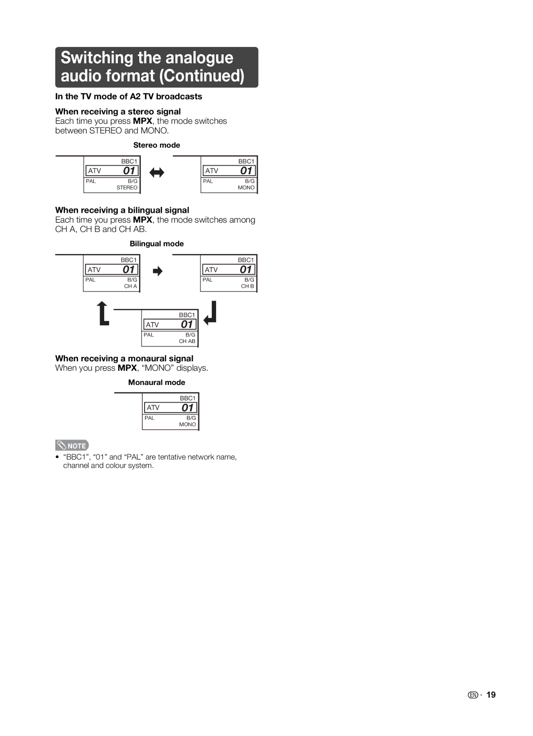 Sharp LC-19LE520X Switching the analogue audio format, TV mode of A2 TV broadcasts When receiving a stereo signal 