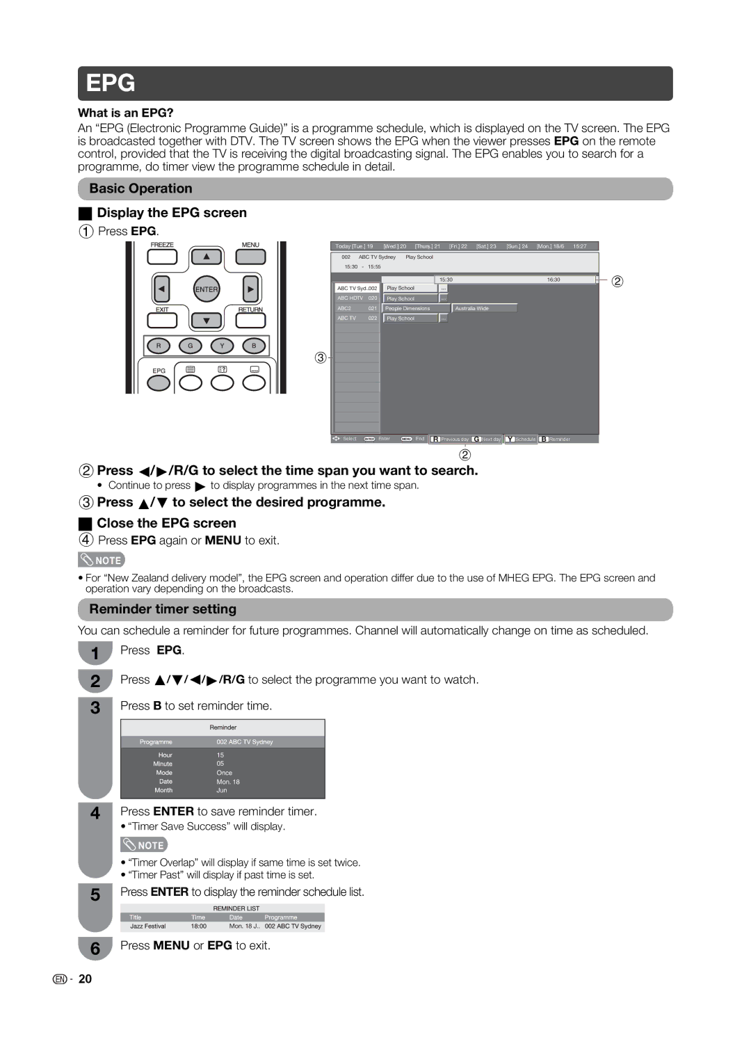 Sharp LC-19LE520X Basic Operation Display the EPG screen, 2Press c/d/R/G to select the time span you want to search 