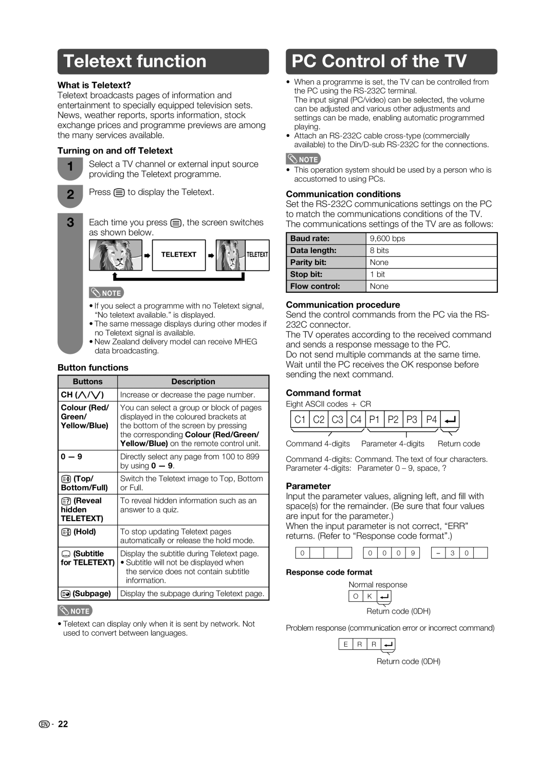 Sharp LC-19LE520X operation manual Teletext function, PC Control of the TV 