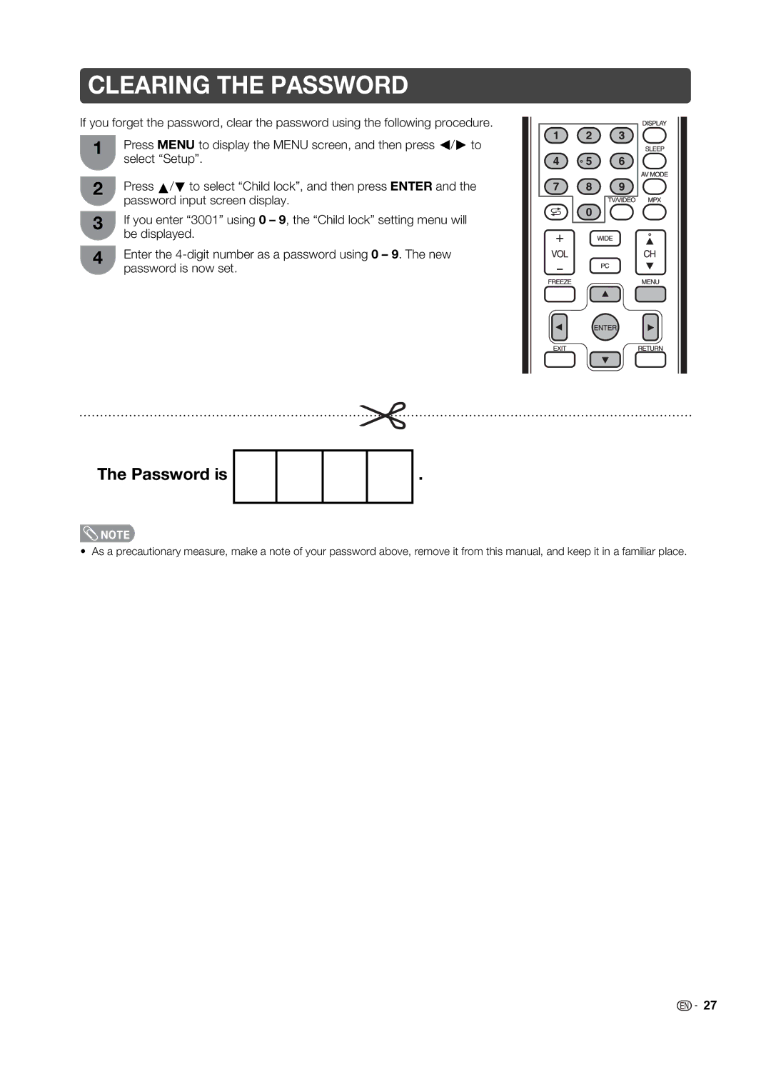 Sharp LC-19LE520X operation manual Clearing the Password 