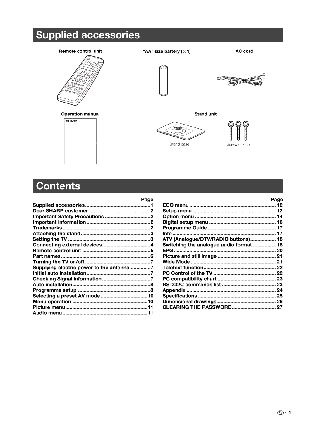 Sharp LC-19LE520X operation manual Supplied accessories, Contents 