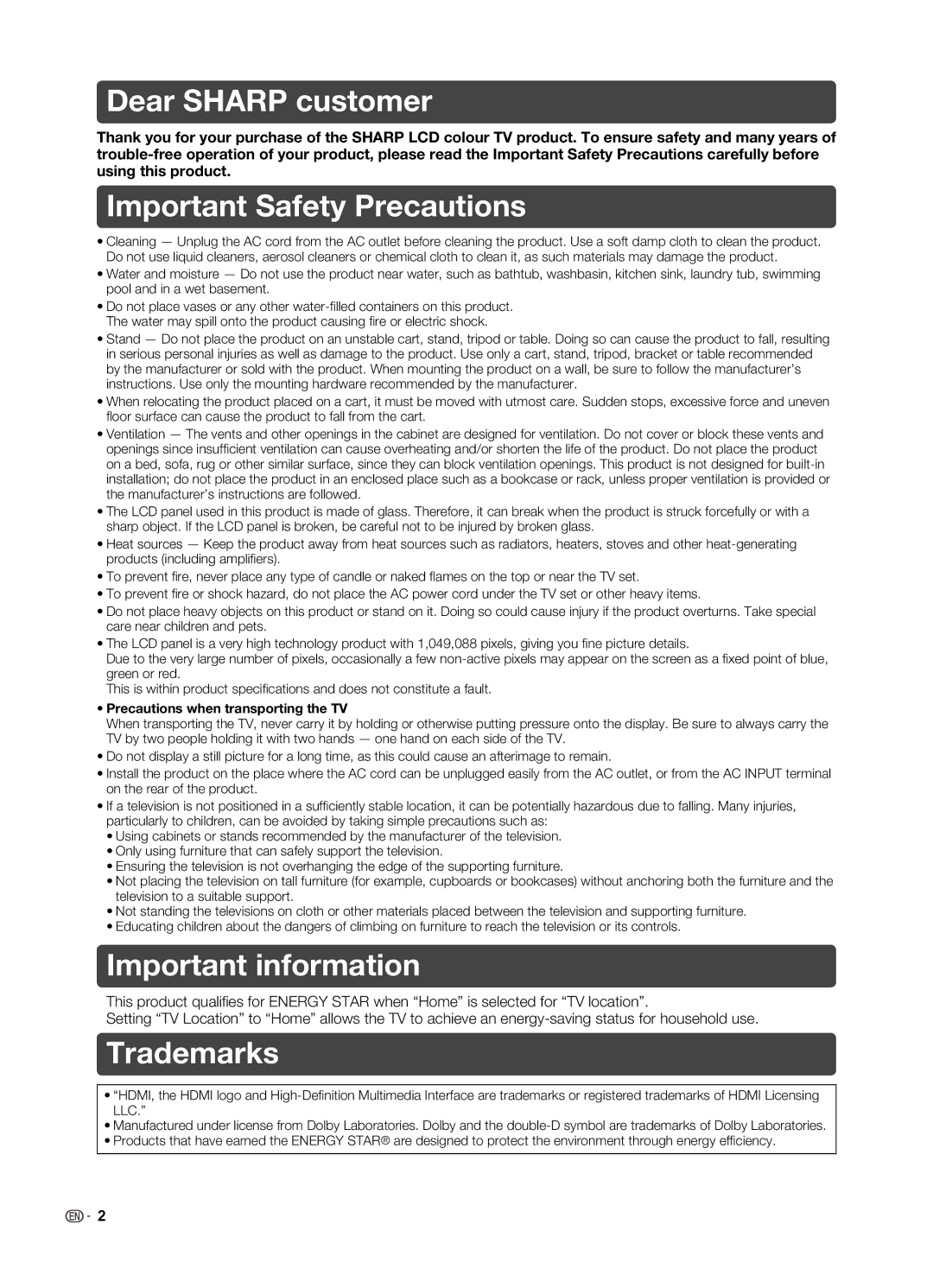 Sharp LC-19LE520X operation manual Dear Sharp customer, Important Safety Precautions, Important information, Trademarks 