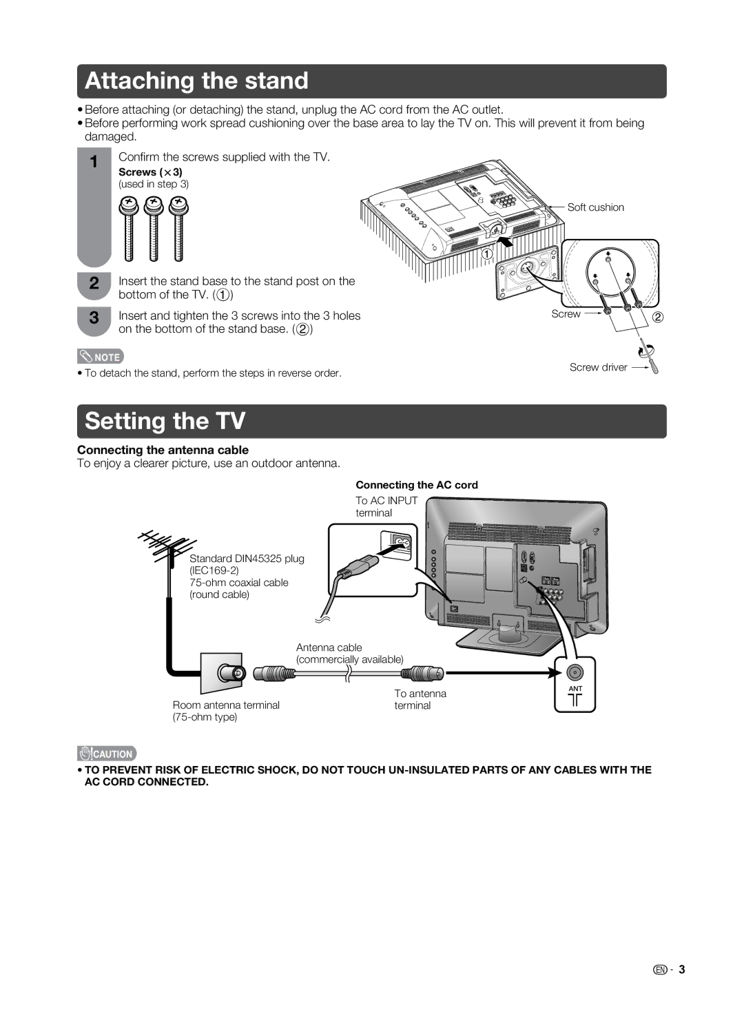 Sharp LC-19LE520X Attaching the stand, Setting the TV, Connecting the antenna cable, Connecting the AC cord 