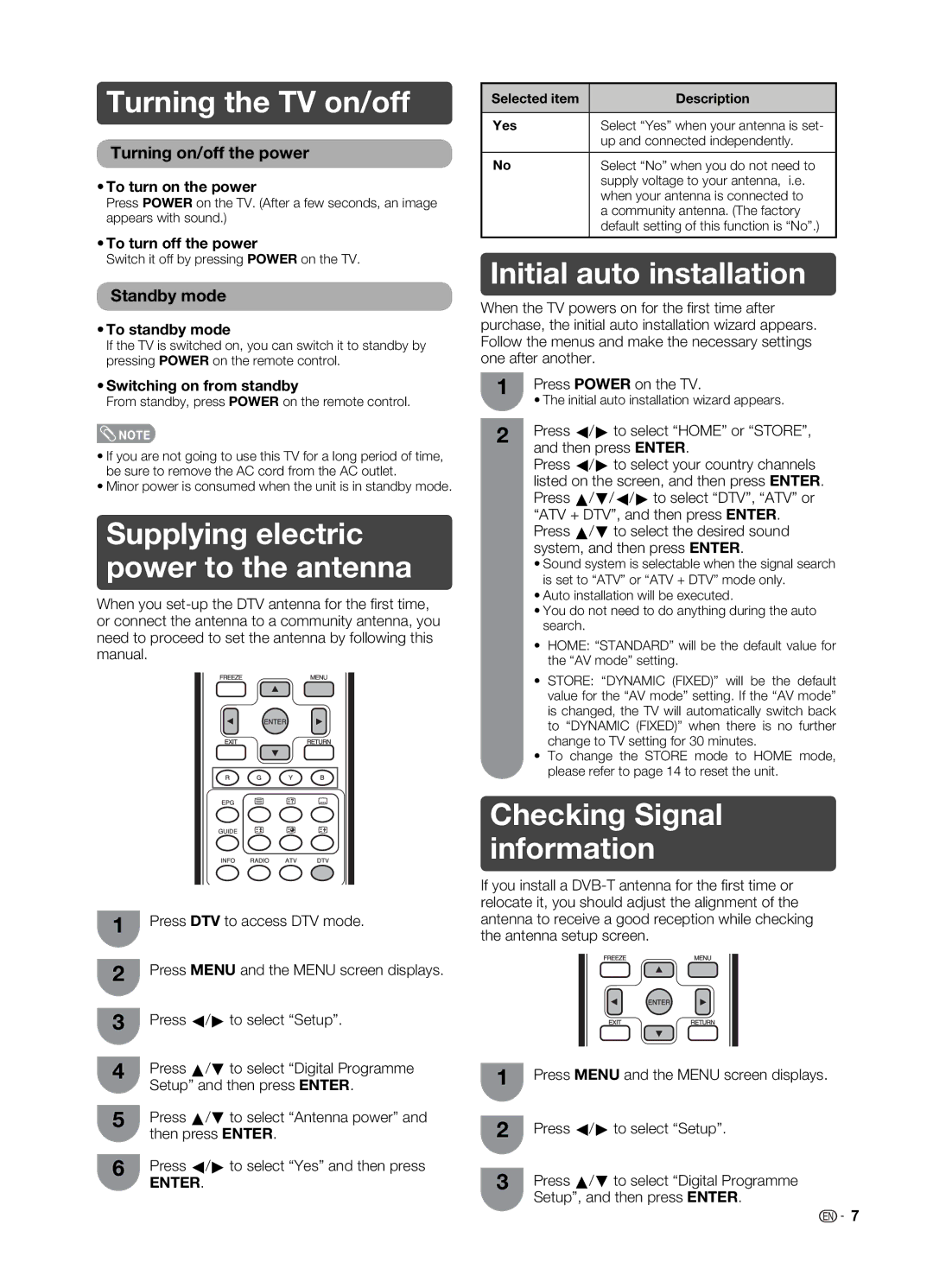 Sharp LC-19LE520X Turning the TV on/off, Supplying electric power to the antenna, Initial auto installation 