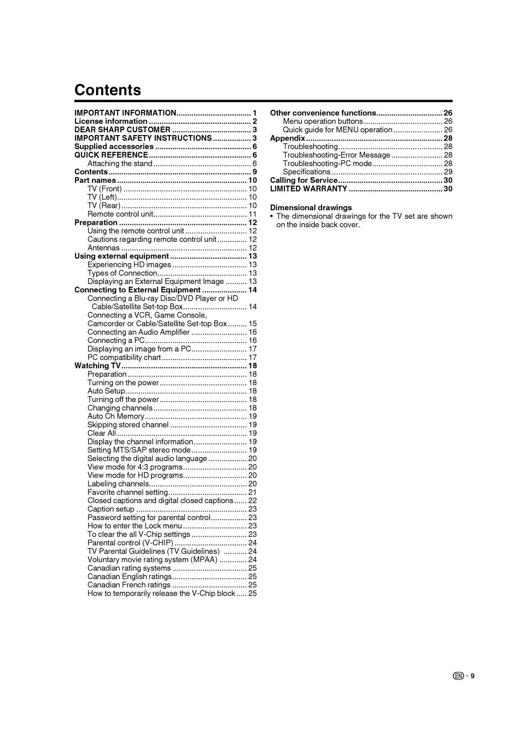 Sharp LC-19SB28UT operation manual Contents 