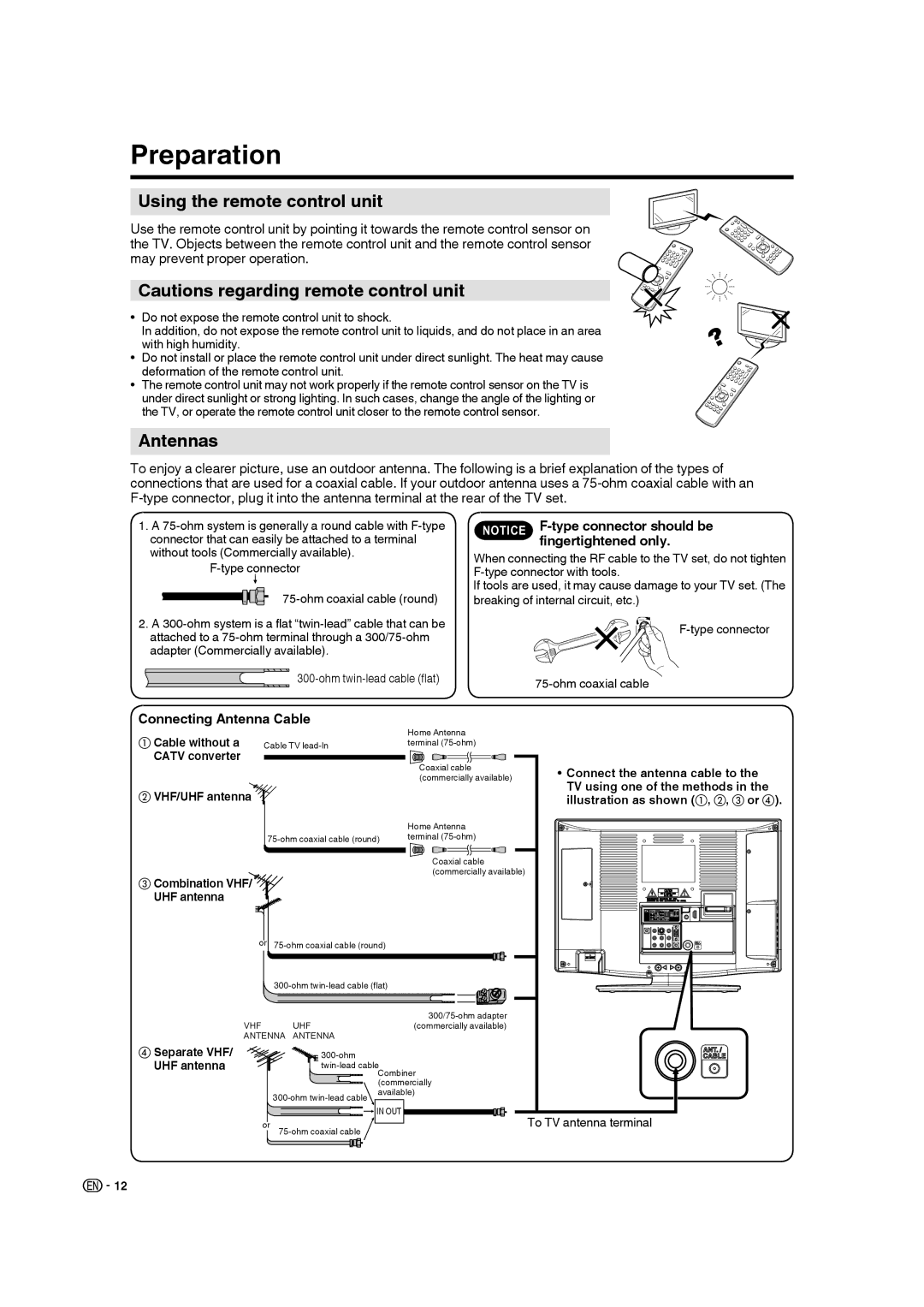 Sharp LC-19SB28UT Preparation, Using the remote control unit, Antennas, Fingertightened only, Connecting Antenna Cable 