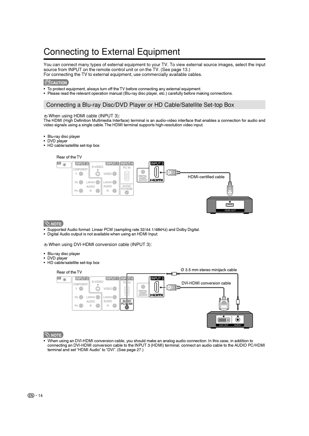 Sharp LC-19SB28UT operation manual Connecting to External Equipment, When using Hdmi cable Input 