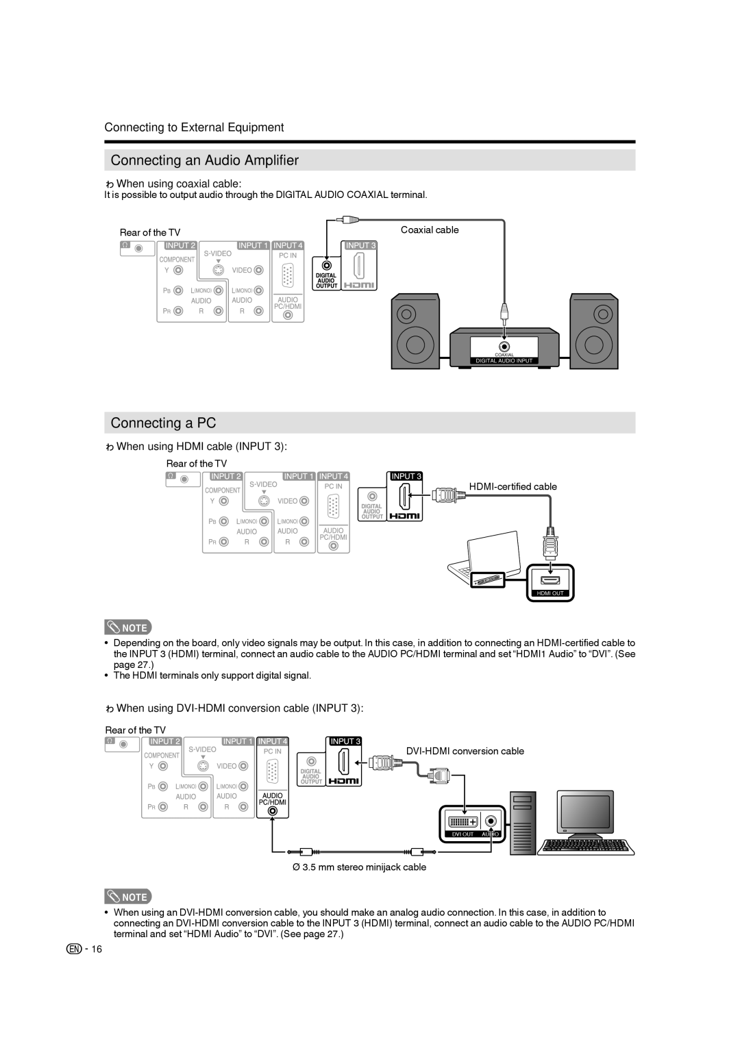 Sharp LC-19SB28UT operation manual Connecting an Audio Amplifier, Connecting a PC, When using coaxial cable 