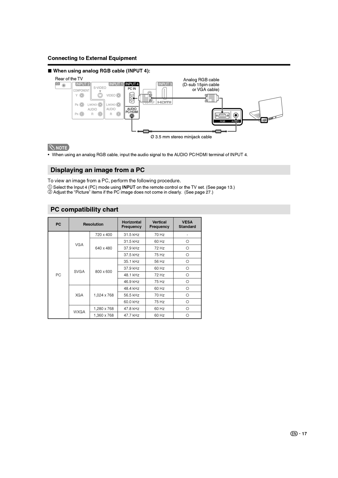 Sharp LC-19SB28UT operation manual Displaying an image from a PC, PC compatibility chart, When using analog RGB cable Input 