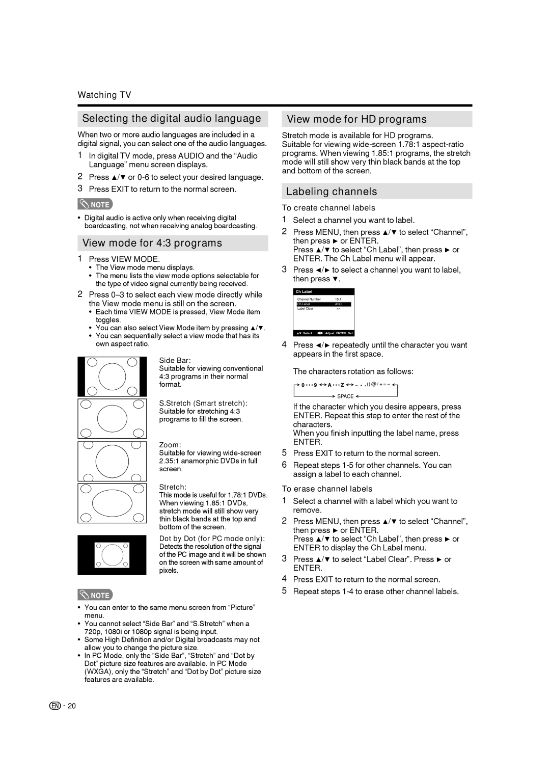 Sharp LC-19SB28UT Selecting the digital audio language, View mode for 43 programs, View mode for HD programs 