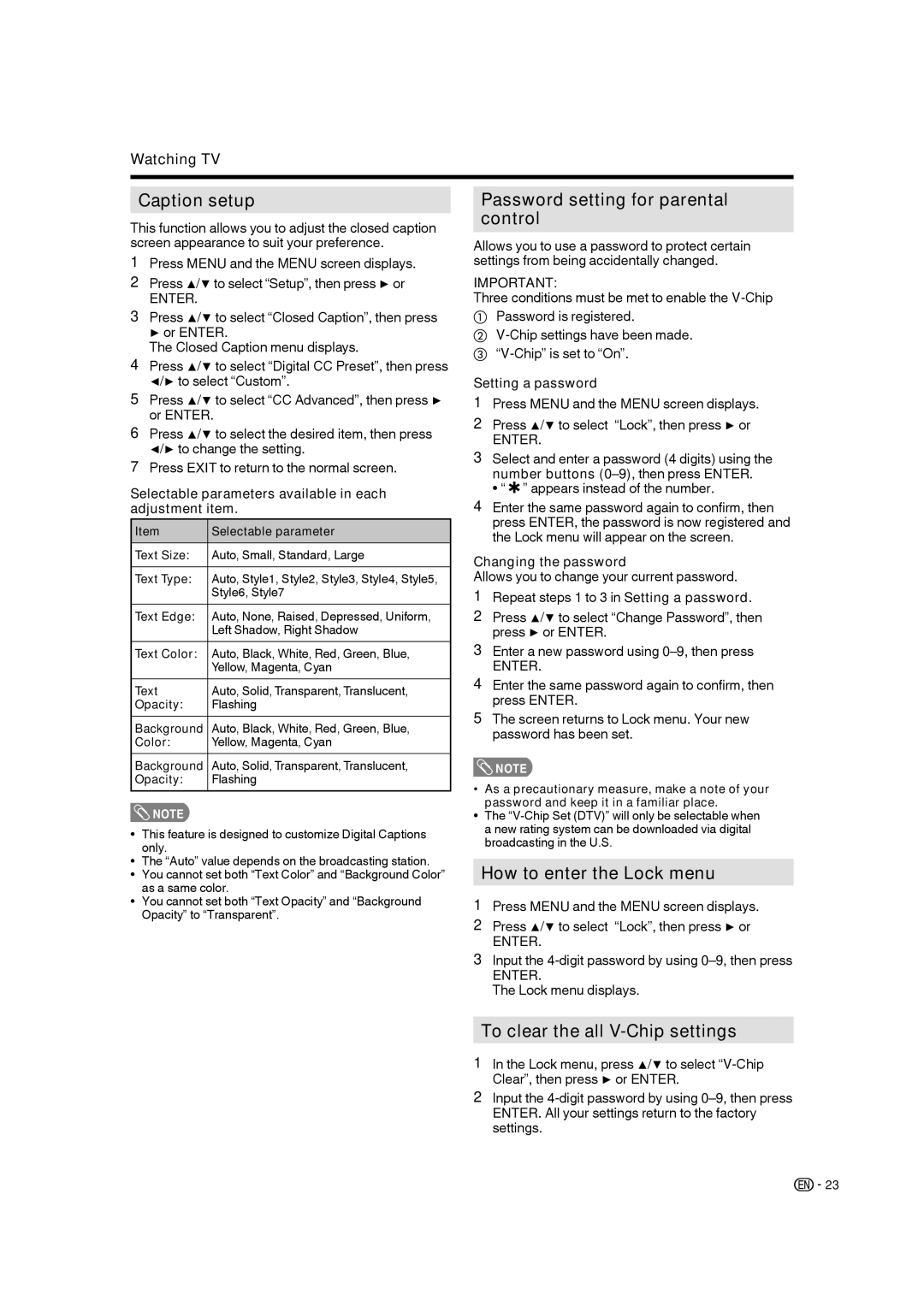 Sharp LC-19SB28UT operation manual Caption setup, Password setting for parental control, How to enter the Lock menu 