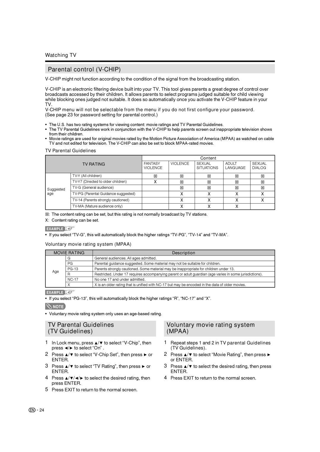 Sharp LC-19SB28UT Parental control V-CHIP, TV Parental Guidelines TV Guidelines, Voluntary movie rating system Mpaa 